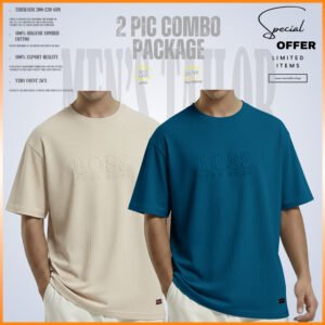 2 Pcs Premium Drop Shoulder 220+ GSM 2/2 Rib Fabric Light Cream - Petrol Blue