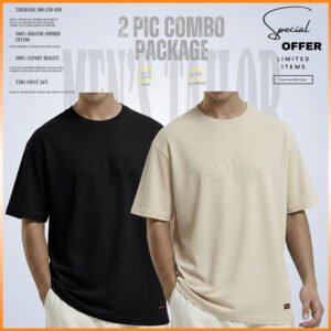 2 Pcs Premium Drop Shoulder 220+ GSM 2/2 Rib Fabric Black - Light Cream