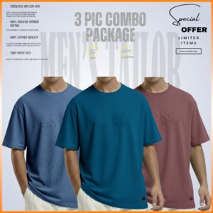 3 Pcs Premium Drop Shoulder 220+ GSM 2/2 Rib Fabric Ash Blue - Petrol Blue - Ash Rose